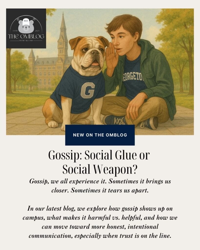 Image with a Georgetown student whispering in Jack the bulldog's ear 